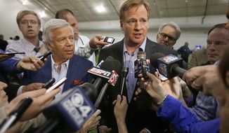 NFL Commissioner Roger Goodell and New England Patriots owner Robert Kraft, left, address members of the media during a football safety clinic for mothers, Thursday, May 29, 2014 at the team&#39;s facilities in Foxborough, Mass. (AP Photo/Stephan Savoia)