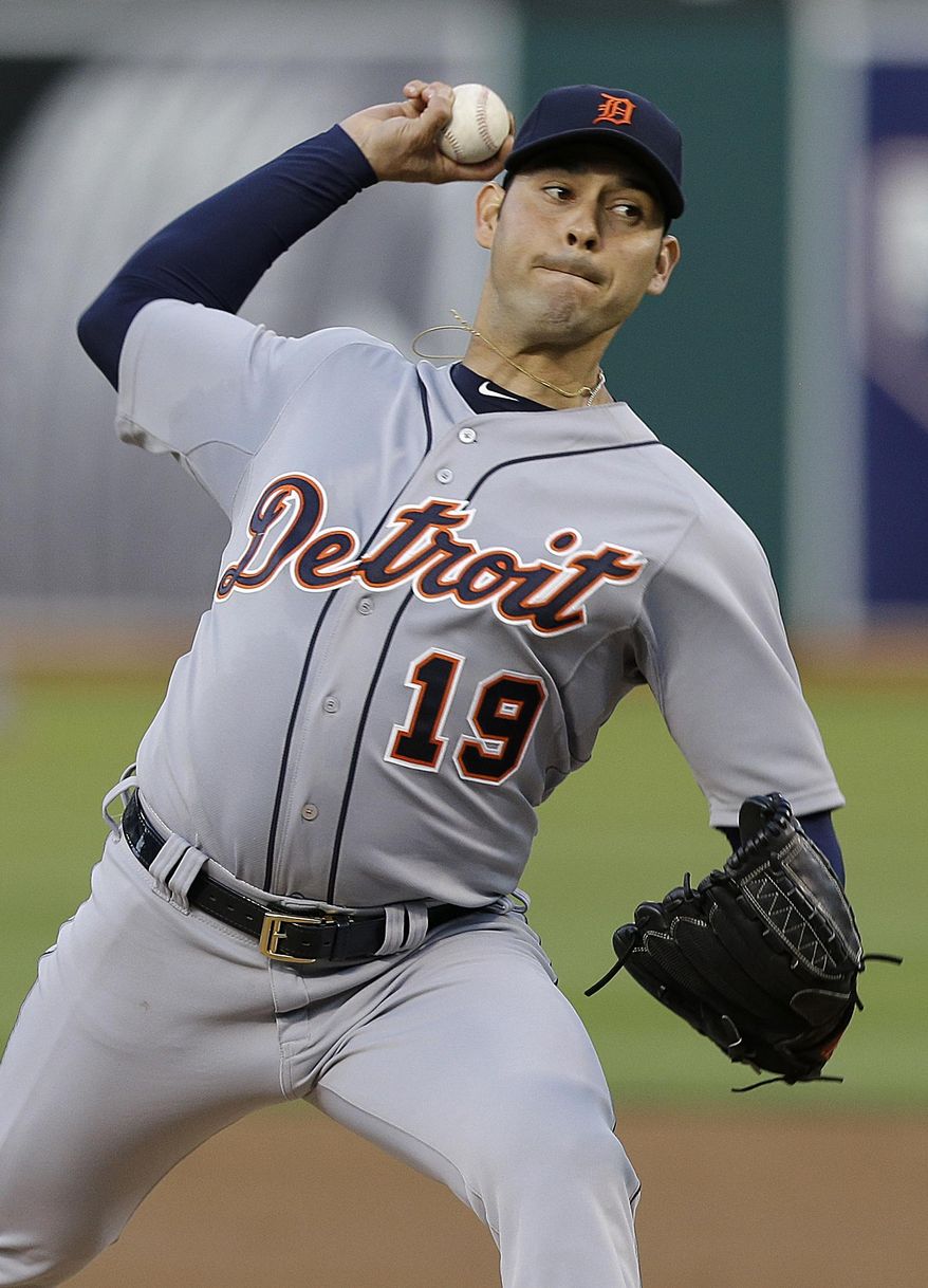 Detroit Tigers pitcher Anibal Sanchez throws against the Oakland Athletics during the third inning of a baseball game in Oakland, Calif., Wednesday, May 28, 2014. (AP Photo/Jeff Chiu)