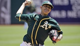 Oakland Athletics starting pitcher Jesse Chavez throws to the Detroit Tigers during the first inning of a baseball game Thursday, May 29, 2014, in Oakland, Calif. (AP Photo/Marcio Jose Sanchez)