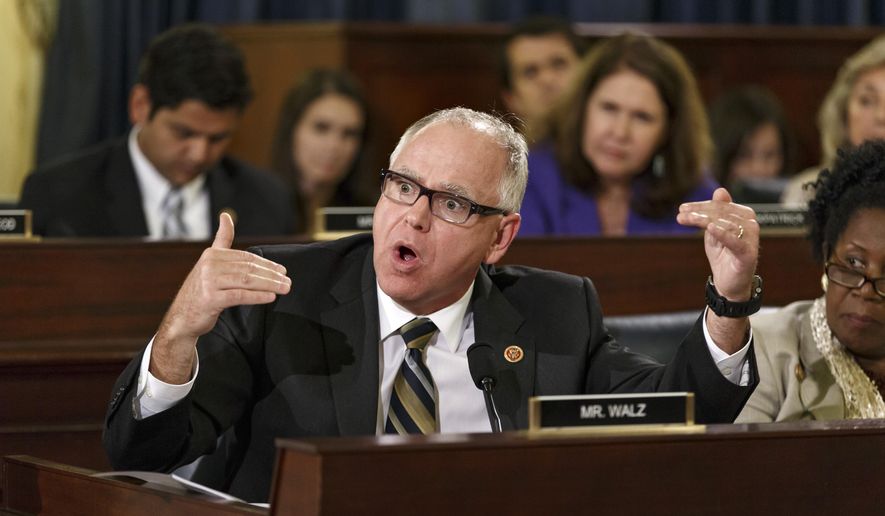 Rep. Tim Walz, D-Minn., a member of the House Committee on Veterans&#39; Affairs, questions witnesses from the Department of Veterans Affairs as the panel investigates allegations of gross mismanagement and misconduct at VA hospitals possibly leading to patient deaths, on Capitol Hill in Washington, Wednesday, May 28, 2014. (AP Photo/J. Scott Applewhite) **FILE**