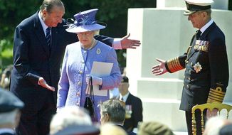 FILE - In this June 6, 2004 file photo, French President Jacques Chirac, left, greets Queen Elizabeth II, of Britain, and her husband Prince Philip at the British military cemetery in Bayeux, northwestern France, during ceremonies marking the 60th anniversary of the D-Day landings in Normandy. The perils of World War II directly shaped the lives of Elizabeth, 88, and Philip, 92. The anniversary is so heartfelt that the royal couple is preparing to cross the English Channel once more, this time on a Eurostar train through the Channel Tunnel Elizabeth helped 20 years ago. (AP Photo/Michel Spingler, File)