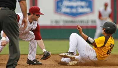 Alabama shortstop Mikey White (1) gets ready to tag out Kennesaw State&#x27;s Bo Way (32) trying to steal second base in the fourth inning of an NCAA college baseball tournament regional game on Friday, May 30, 2014 in Tallahassee, Fla. Kennesaw State won 1-0. (AP Photo/Phil Sears)