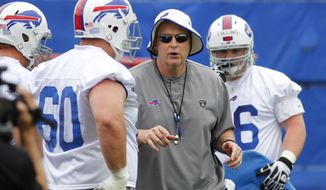 Buffalo Bills head coach Doug Marrone instructs offensive linemen during an NFL football organized team activity in Orchard Park, N.Y., Thursday, May 29, 2014. (AP Photo/Bill Wippert)