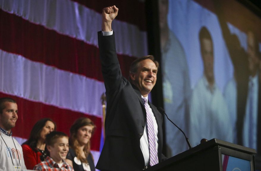 In this May 31, 2014 photo, Republican U.S. Senate candidate Mike McFadden addresses delegates at the Minnesota Republican Party Convention at the Rochester Civic Center in Rochester, Minn. Minnesota Republicans endorsed McFadden on Saturday for U.S. Senate. (AP Photo/The Star Tribune, David Joles)  MANDATORY CREDIT; ST. PAUL PIONEER PRESS OUT; MAGS OUT; TWIN CITIES TV OUT