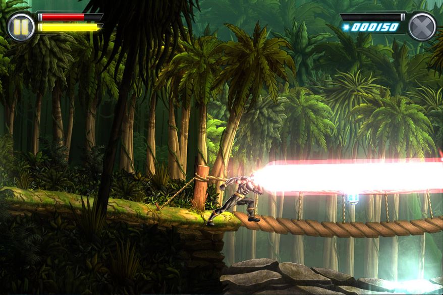 Cyclops fights in the Savage Land in the iPad video game Uncanny X-Men: Days of Future Past.
