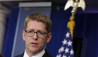 White House press secretary Jay Carney speaks during the daily briefing at the White House in Washington, Monday, June 2, 2014. Carney was asked about the release of Sgt. Bowe Bergdahl  from Afghanistan and a sweeping initiative by the Obama administration to curb pollutants blamed for global warming. (AP Photo/Susan Walsh)