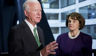 Senate Intelligence Committee Chair Sen. Dianne Feinstein, D-Calif., listens at right as the committee&#39;s Vice Chairman Sen. Saxby Chambliss, R-Ga., speaks on Capitol Hill in Washington, Tuesday, June 3, 2014, following a closed-door committee briefing.  (AP Photo/Manuel Balce Ceneta)