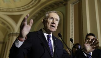 Senate Majority Leader Harry Reid of Nev. speaks to reporters on Capitol Hill in Washington, Tuesday, June 3, 2014, following a Democratic caucus lunch.  (AP Photo/J. Scott Applewhite)