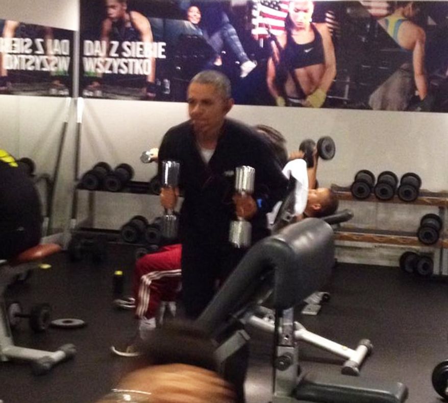 President Obama appears to be working out while in Poland in these photos posted on Facebook.