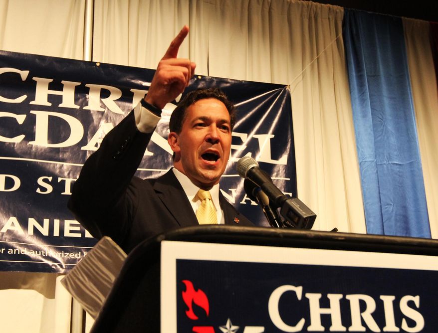 Chris McDaniel promises a victory to a late night audience Tuesday July 3, 2014, at the Lake Terrace Convention Center in Hattiesburg, Miss. McDaniel and six-term Sen. Thad Cochran dueled inconclusively at close quarters in Mississippi&#x27;s primary election Tuesday night. (AP Photo/George Clark)