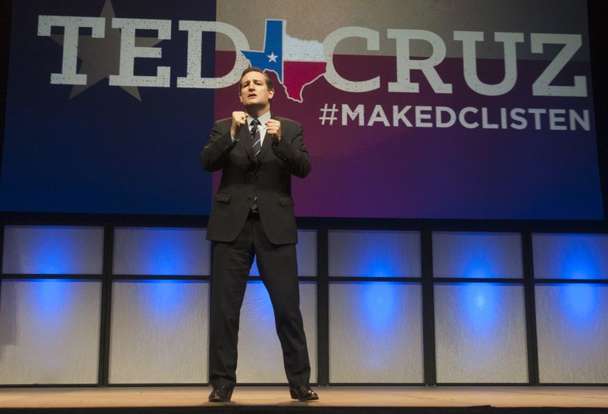 U.S. Sen. Ted Cruz address delegates at the Texas GOP Convention in Fort Worth, Texas Friday, June 6, 2014. Cruz has fired up the Texas Republican Convention, promising to lead a conservative revolution unseen since the days of Ronald Reagan. The tea party favorite is a possible 2016 presidential candidate, and seemed like one during his speech Friday before thousands of adoring delegates who gave him numerous standing ovations. (AP Photo/Rex C. Curry)