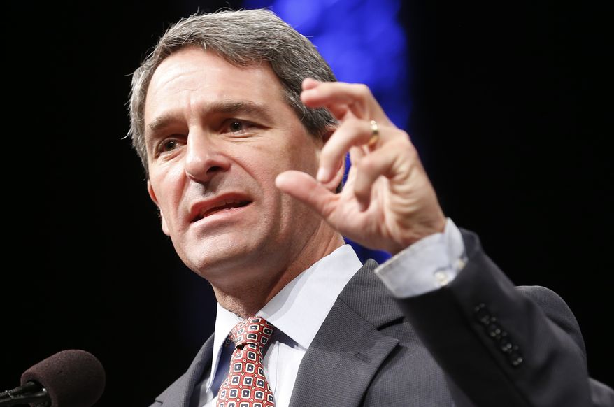 ** FILE ** Former Virginia Attorney General Ken Cuccinelli gestures as he addresses the Virginia GOP Convention in Roanoke, Va., Saturday, June 7, 2014. (AP Photo/Steve Helber)