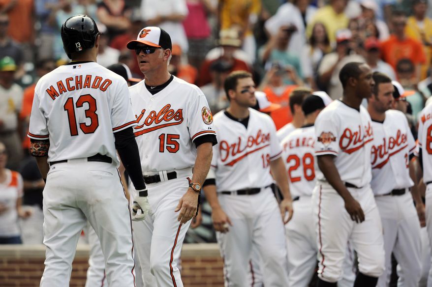 Baltimore Orioles batting coach Jim Presley, (15) keeps Manny Machado, (13) away from the Oakland Athletics after the benches cleared in the eighth inning of a baseball game, Sunday, June 8, 2014, in Baltimore. The benches cleared after Machado threw his bat into the infield after an inside pitch was thrown at him. The Athletics won 11-1. (AP Photo/Gail Burton)