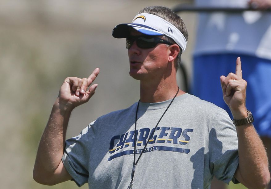 San Diego Chargers coach Mike McCoy gives his instructions during an NFL football organized team activity Monday, June 9, 2014, in San Diego. (AP Photo/Lenny Ignelzi)