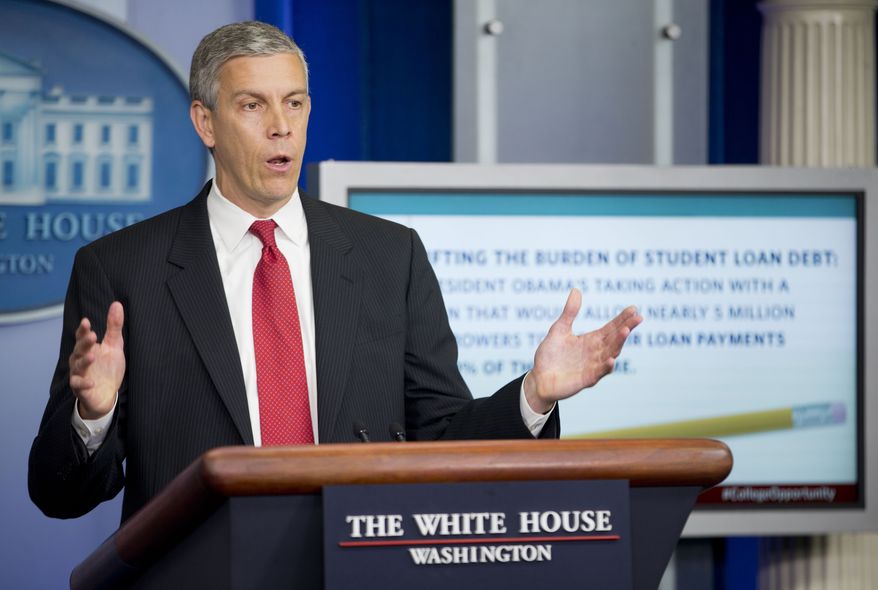 Education Secretary Arne Duncan speaks to members of the media in the Brady Press Briefing room of the White House in Washington, Monday, June 9, 2014. (AP Photo/Pablo Martinez Monsivais)