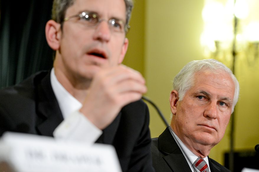 Veteran Affairs Undersecretary for Health for Administrative Operations Assistant Deputy Philip Matkovsky, left, and Acting Veterans Affairs Inspector General Richard Griffin, right, testifies at a House Veterans&#39; Affairs Committee hearing on Capitol Hill, Washington, D.C., Monday, June 9, 2014. (Andrew Harnik/The Washington Times)