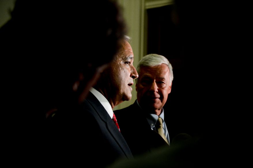 Veterans Affairs Committee Chairman Jeff Miller (R-Fla.), left, and ranking minority member Rep. Mike Michaud (D-Maine), right, speaks to members of the media during a break in testimony from Veteran Affairs Undersecretary for Health for Administrative Operations Assistant Deputy Philip Matkovsky and Acting Veterans Affairs Inspector General Richard Griffin during a late night  House Veterans&#39; Affairs Committee hearing on Capitol Hill, Washington, D.C., Monday, June 9, 2014. (Andrew Harnik/The Washington Times)