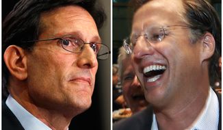 In this combination of Associated Press photos, House Majority Leader Eric Cantor, R-Va., left, and Dave Brat, right, react after the polls close Tuesday, June 10, 2014, in Richmond, Va. Brat defeated Cantor in the Republican primary. (AP Photo)  
