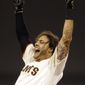 San Francisco Giants&#39; Michael Morse celebrates after making the game winning hit in the ninth inning of a baseball game against the New York Mets Saturday, June 7, 2014, in San Francisco. (AP Photo/Ben Margot)