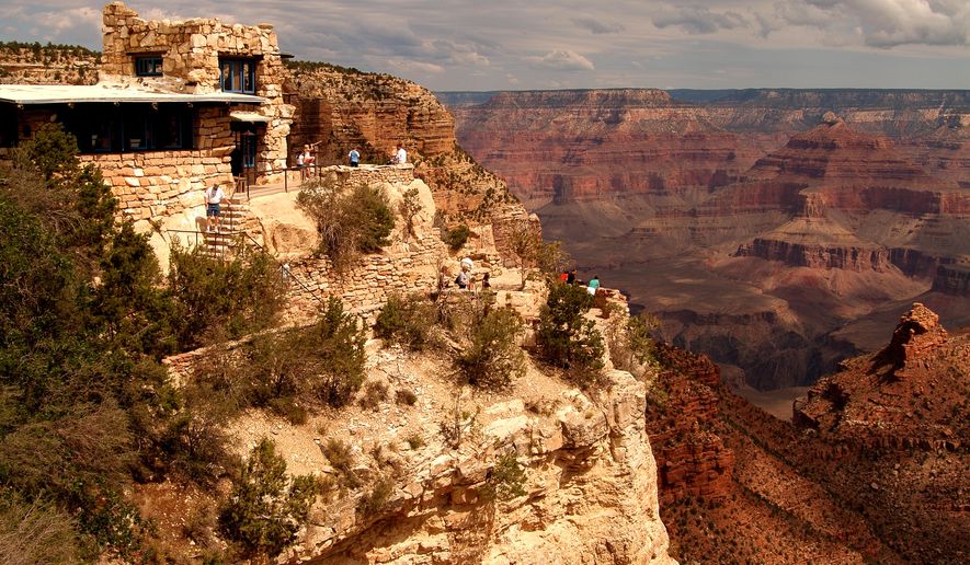 This photo provided by Xanterra South Rim shows the exterior of Lookout Studio, a historic century-old structure near Grand Canyon Village on the South Rim of the Grand Canyon in Arizona. Lookout Studio is one of a number of attractions available for sightseeing at the South Rim. The Grand Canyon Railway carries 225,000 visitors a year to the South Rim from Williams, Ariz. (AP Photo/Xanterra South Rim, L.L.C.)