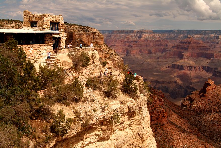 This photo provided by Xanterra South Rim shows the exterior of Lookout Studio, a historic century-old structure near Grand Canyon Village on the South Rim of the Grand Canyon in Arizona. Lookout Studio is one of a number of attractions available for sightseeing at the South Rim. The Grand Canyon Railway carries 225,000 visitors a year to the South Rim from Williams, Ariz. (AP Photo/Xanterra South Rim, L.L.C.)