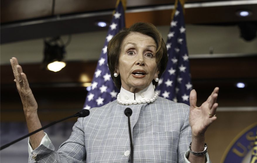 House Minority Leader Nancy Pelosi of Calif. takes questions from reporters about the stunning primary defeat of House Majority Leader Eric Cantor of Va., Thursday, June 12, 2014, during a news conference on Capitol Hill in Washington. The California Democrat said she’s hopeful that the House can still move on issues like an immigration overhaul, despite concerns that Cantor’s departure could drive House Republicans further to the right, possibly making compromise less likely. (AP Photo/J. Scott Applewhite)