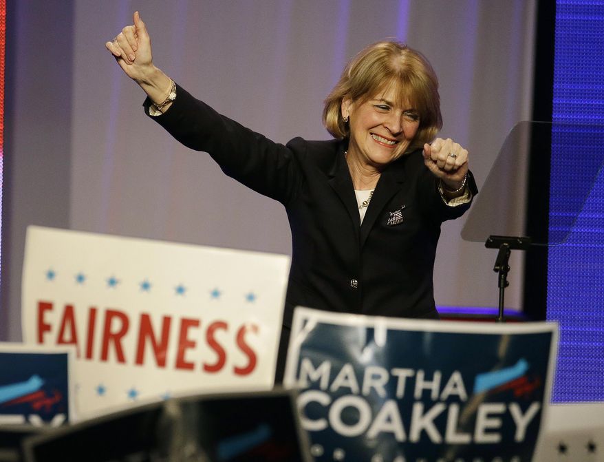 Massachusetts Attorney General and candidate for governor Martha Coakley engages supporters after she addressed delegates at the state Democratic Convention Saturday, June 14, 2014 in Worcester, Mass. (AP Photo Stephan Savoia)