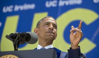 FILE - In this photo taken June 14, 2014, President Barack Obama speaks at the University of California, Irvine, at Angel Stadium in Anaheim, Calif., where he told the graduating class that denying climate change is like arguing the moon is made of cheese, and issued a call to action on global warming. Obama&#x27;s new pollution limits for power plants have set off an avalanche of information about what the rules will cost, how they’ll affect your health, and how far they’ll go toward curbing climate change. There’s just one problem: almost none of the estimates are is based in reality. (AP Photo/Manuel Balce Ceneta, File)