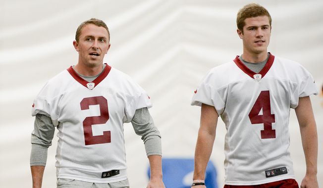 Kai Forbath, left, is the Redskins' incumbent kicker, but he has been giving pointers to rookie Zach Hocker, a seventh-round pick in 2014 who could end up taking his job. (Andrew Harnik/The Washington Times)