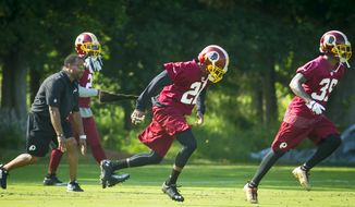 Washington Redskins safety Ryan Clark (21) takes part in a drill on the practice field during mini camp practice at Redskins Park in Ashburn, Va., Wednesday, June 18, 20124. (Photo Rod Lamkey Jr.)