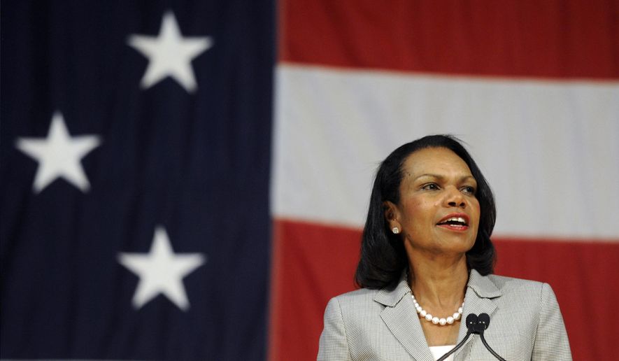 Former Secretary of State Condoleezza Rice addresses an audience on the campus of Norwich University, Thursday, June 19, 2014, in Northfield, Vt. (Associated Press) **FILE**