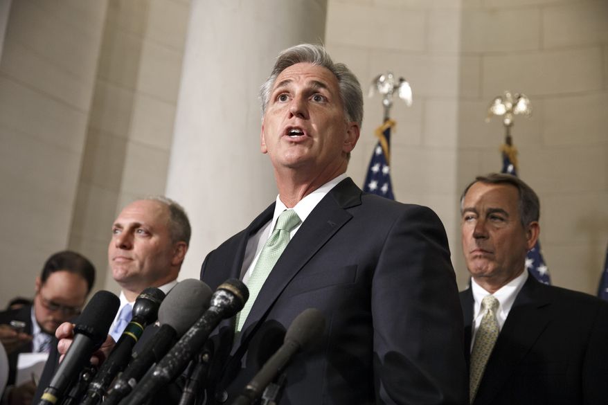 House Majority Whip Kevin McCarthy, R-Calif., is joined by Rep. Steve Scalise, R-La., and Speaker of the House John Boehner, R-Ohio, just after House Republicans voted to make McCarthy the new majority leader, replacing Rep. Eric Cantor, R-Va., who was defeated in his primary earlier this month, on Capitol Hill in Washington, Thursday, June 19, 2014. Rep. Steve Scalise, R-La., who leads a conservative faction of lawmakers in the Republican Study Committee, was elected to be the new House majority whip, replacing McCarthy. (AP Photo/J. Scott Applewhite)