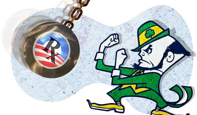 Notre Dame Fighting Obamacare Illustration by Greg Groesch/The Washington Times