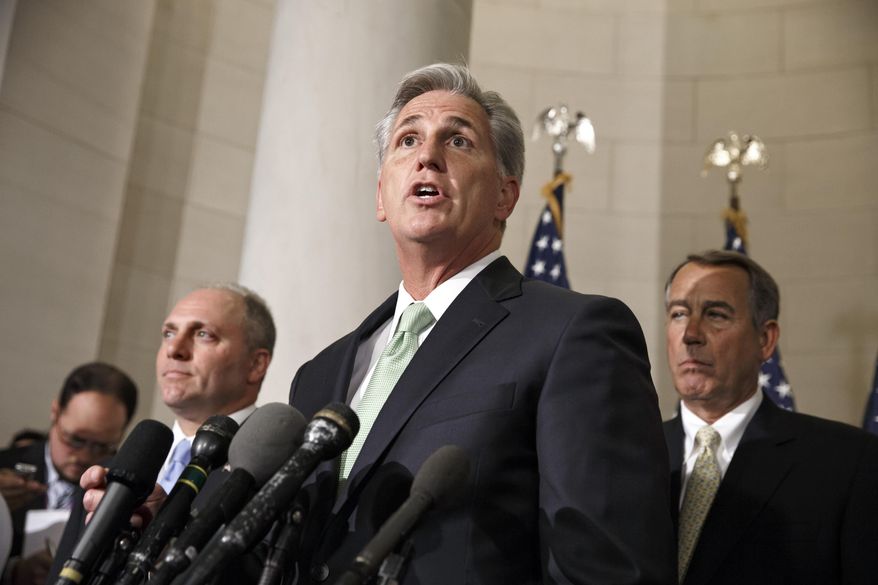 House Majority Whip Kevin McCarthy, R-Calif., is joined by Rep. Steve Scalise, R-La., and Speaker of the House John Boehner, R-Ohio, just after House Republicans voted to make McCarthy the new majority leader, replacing Rep. Eric Cantor, R-Va., who was defeated in his primary earlier this month, on Capitol Hill in Washington, Thursday, June 19, 2014. Rep. Steve Scalise, R-La., who leads a conservative faction of lawmakers in the Republican Study Committee, was elected to be the new House majority whip, replacing McCarthy. (AP Photo/J. Scott Applewhite)