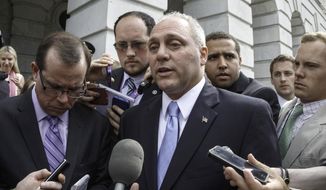 Rep. Steve Scalise, R-La., who leads a conservative faction of lawmakers in the Republican Study Committee, speaks with reporters on Capitol Hill in Washington, Thursday, June 19, 2014, after the House Republican Conference elected him to be the new House majority whip, replacing current whip Rep. Kevin McCarthy, R-Calif., who was elevated to majority leader. Scalise was in a three-way race with Rep. Peter Roskam, R-Ill., and Rep. Marlin Stutzman, R-Ind.  (AP Photo/J. Scott Applewhite) **FILE**