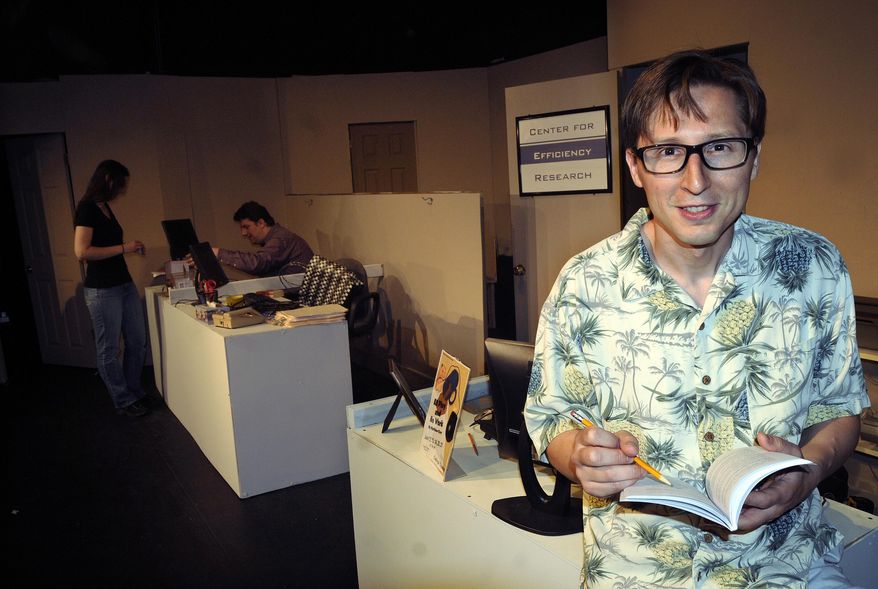 MEMBER EXCHANGE ADVANCE FOR JUNE 22 In this photo taken on June 10, 2014, Matthew Cory, of Worcester, Mass., poses at Calliope Productions in Boylston, Mass. during rehearsals for "All Play and No Work." As Cory was writing his play, he thought about some workplace scenarios that could have ended up much worse than they actually did. (AP Photo/Worcester Telegram, Christine Peterson)