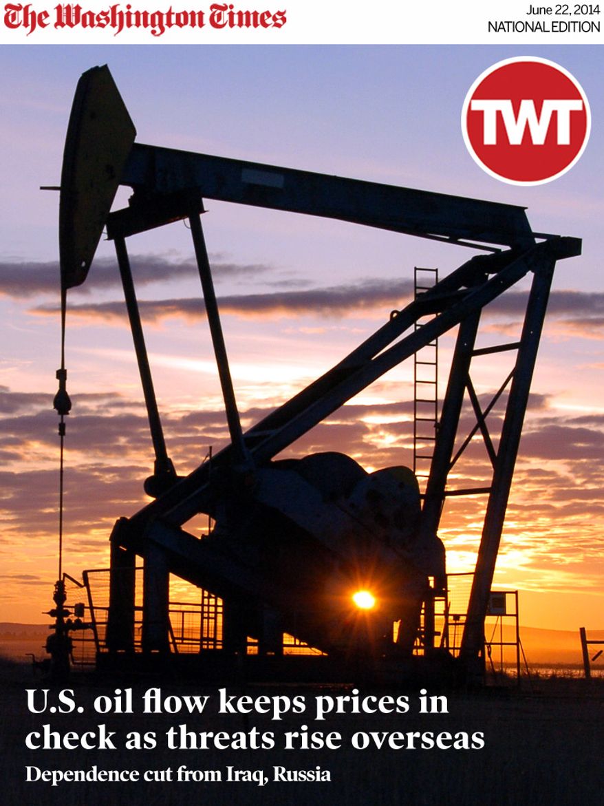National Edition News cover for June 22, 2014 - U.S. oil flow keeps prices in check as threats rise overseas: FILE - In this Nov. 6, 2013 file photo, a Whiting Petroleum Co. pump jack pulls crude oil from the Bakken region of the Northern Plains near Bainville, Mont. The vast majority of economists surveyed this month by The Associated Press say lifting restrictions on exports of oil and natural gas would help the economy even if it meant higher fuel prices for consumers. (AP Photo/Matthew Brown, File)