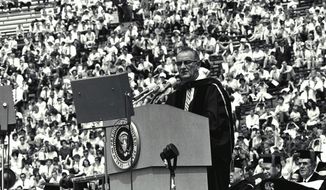 President Lyndon Johnson first spoke of &quot;The Great Society&quot; while giving the University of Michigan Commencement in 1964.               University of Michigan photo