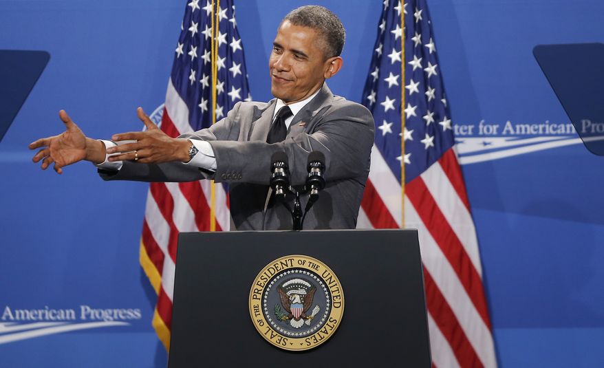 President Barack Obama mimics someone handing him a baby as he speaks at The White House Summit on Working Families, Monday, June 23, 2014, in Washington. The gathering, organized by the White House, Labor Department and the Center for American Progress, highlights the challenges and offers solutions faced by working families in America. (AP Photo/Charles Dharapak)
