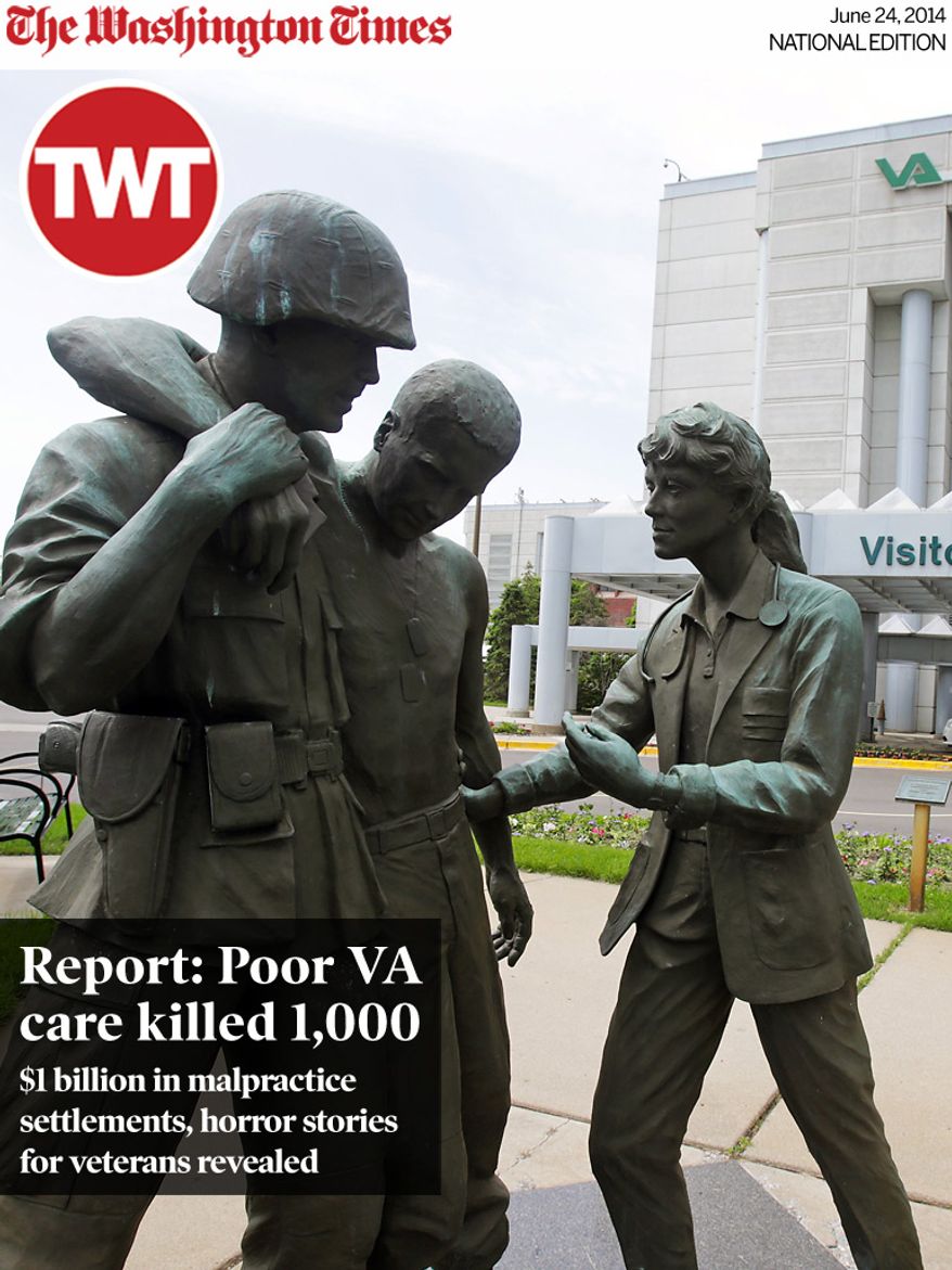 National Edition News cover for June 24, 2014 - Report: Poor VA care killed 1,000: Three statues portraying a wounded soldier being helped, stand on the grounds of the Minneapolis VA Hospital, Monday, June 9, 2014. An audit of 731 VA hospitals and clinics found that a 14-day goal for seeing first-time patients was unattainable given increasing demand for health care. The VA said Monday it was abandoning the scheduling goal. (AP Photo/Jim Mone)