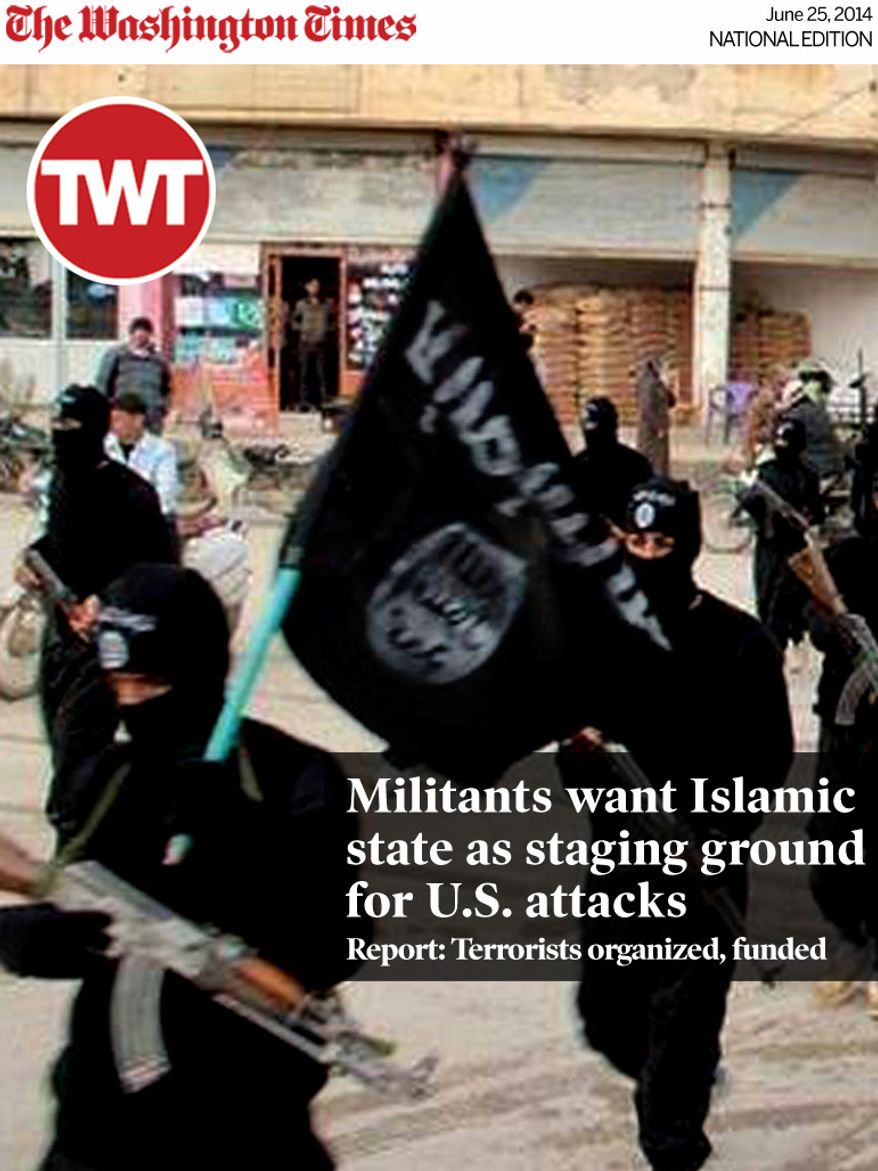 National Edition News cover for June 25, 2014 - Militants want Islamic state as staging ground for U.S. attacks: FILE - This undated file image posted on a militant website on Tuesday, Jan. 14, 2014 shows fighters from the al-Qaida-linked Islamic State of Iraq and the Levant (ISIL) marching in Raqqa, Syria. Saudi Arabia and other Gulf petro-powerhouses encouraged a flow of cash to Sunni rebels in Syria for years. But now they face a worrying blowback as an al-Qaida breakaway group that benefited from some of the funding storms across a wide swath of Iraq. Gulf nations fear its extremism could be a threat to them as well. But the tangle of rivalries in the region is complex: Saudi Arabia and its allies firmly oppose any U.S. military action to stop the Islamic State’s advance in Iraq because they don’t want to boost its Shiite-led prime minister or his ally, Iran. (AP Photo/Militant Website, File)
