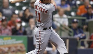 Washington Nationals&#39; Ryan Zimmermann follows through a two-run home run against the Milwaukee Brewers during the 16th inning of a baseball game Wednesday, June 25, 2014, in Milwaukee. (AP Photo/Jeffrey Phelps)