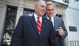 Incoming House Majority Whip Rep. Steve Scalise, Louisiana Republican (left), talks with Majority Leader-elect Rep. Kevin McCarthy, California Republican. Mr. Scalise was seen as the choice of conservatives eager to install a voice of their own in the upper ranks of leadership. (Associated Press)