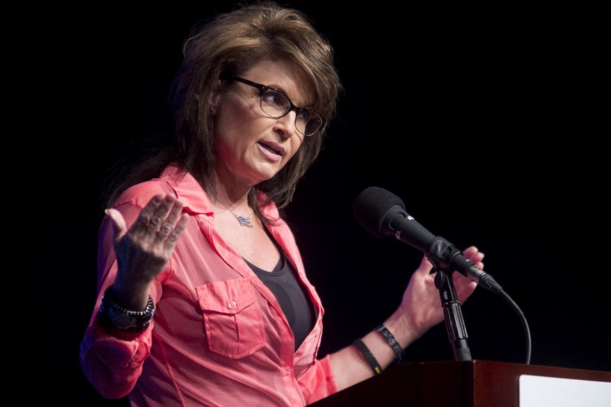 ** FILE ** Former Alaska governor and Republican vice presidential nominee Sarah Palin speaks to the crowd in Sevierville, Tenn., on Thursday, June 26, 2014. (AP Photo/The Knoxville News Sentinel, Saul Young)