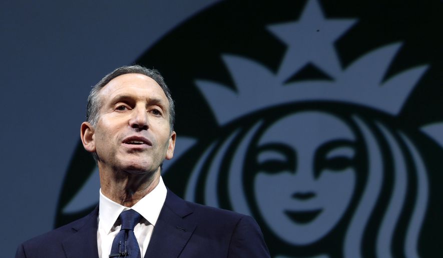 In this March 20, 2013 file photo, Starbucks CEO Howard Schultz speaks at the company&#x27;s annual shareholders meeting, in Seattle, Wash. (AP Photo/Ted S. Warren, File)