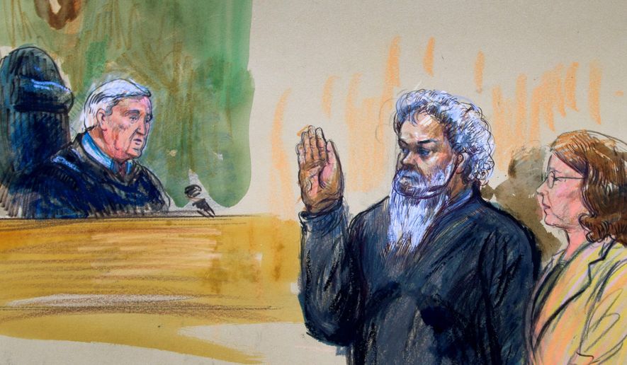 This artist&#39;s rendering depicts United States Magistrate Judge John Facciola swearing in Libyan militant Ahmed Abu Khatallah, who is flanked by his attorney, Michelle Peterson, during a hearing at the federal U.S. District Court in Washington. He pled not guilty to conspiracy Saturday, his first appearance in U.S. court. The hearing of the Libyan, accused of masterminding the deadly Benghazi attacks, lasted ten minutes. (associated press)