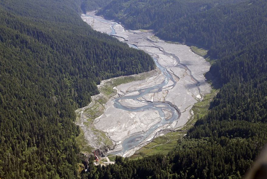 In this June 3, 2014 aerial photo, the Elwha River flows freely through what was Lake Mills and past the old Glines Canyon Dam, bottom, in the Olympic National Park near Port Angeles, Wash. The final chunks of concrete are expected to fall this September in the nation's largest dam removal project, but nature is already reclaiming the Elwha River on Washington's Olympic Peninsula. (AP Photo/Elaine Thompson)