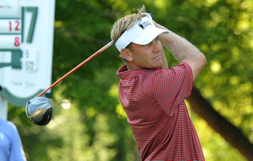 Billy Hurley III, tees of on the 17th hole during the third round of the Greenbrier Classic golf tournament at the Greenbrier Resort in White Sulphur Springs, W.Va., Saturday, July 5, 2014. (AP Photo/Chris Tilley)