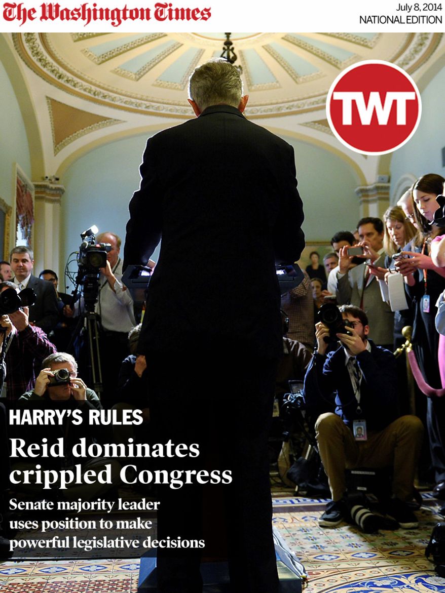 National Edition News cover for July 8, 2014 - Harry’s rules: Reid dominates crippled Congress: Senate Majority Leader Harry Reid of Nev. speaks during a news conference on Capitol Hill in Washington, Tuesday, Jan. 14, 2014, following a Democratic policy lunch. A massive $1.1 trillion spending bill, aimed at funding the government through October and putting to rest the bitter budget battles of last year, is getting generally positive reviews from House Republicans who are eager to avoid another shutdown crisis with elections looming. (AP Photo/Susan Walsh)