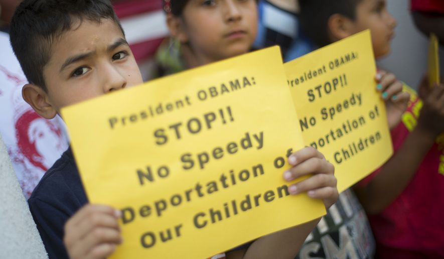 From left, Raul Amador Sanchez, 7, from Georgia, Alexandra Diaz, 9, and her brother Andy Diaz, 7, both from Baltimore, Md., hold up signs as they join their parent during a news conference of immigrant families and children&amp;#8217;s advocates responding to the President Barack Obama&amp;#8217;s response to the crisis of unaccompanied children and families illegally entering the US, Monday, July 7, 2014, on the steps of St. John&#39;s Church in Washington. A top Obama administration official says no one, not even children trying to escape violent countries, can illegally enter the United States without eventually facing deportation proceedings. But Homeland Security Sec Jeh Johnson basically acknowledged Sunday that such proceedings might be long delayed, and he said that coping with floods of unaccompanied minors crossing the border is a legal and humanitarian dilemma for the US. (AP Photo/Pablo Martinez Monsivais)